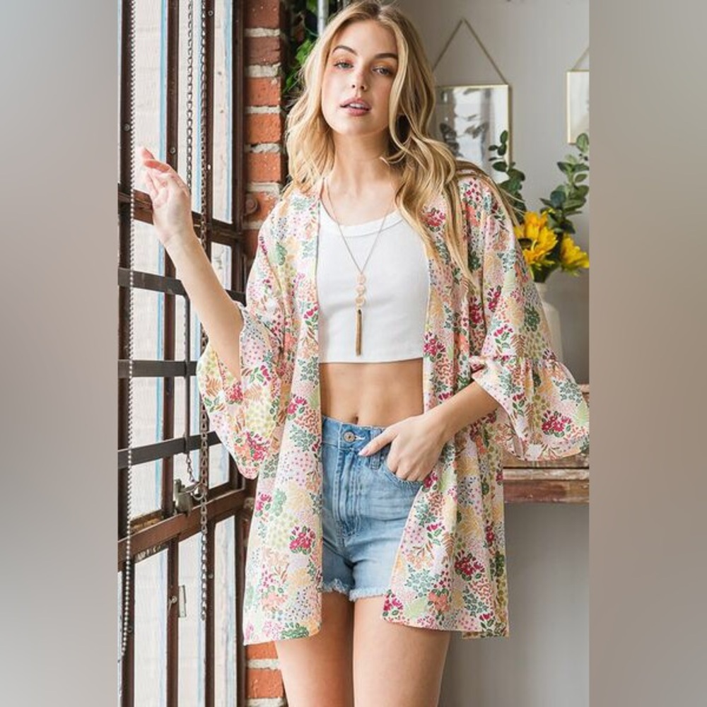 Heimish Floral Ruffle Sleeve Kimono or Swim Cover Up